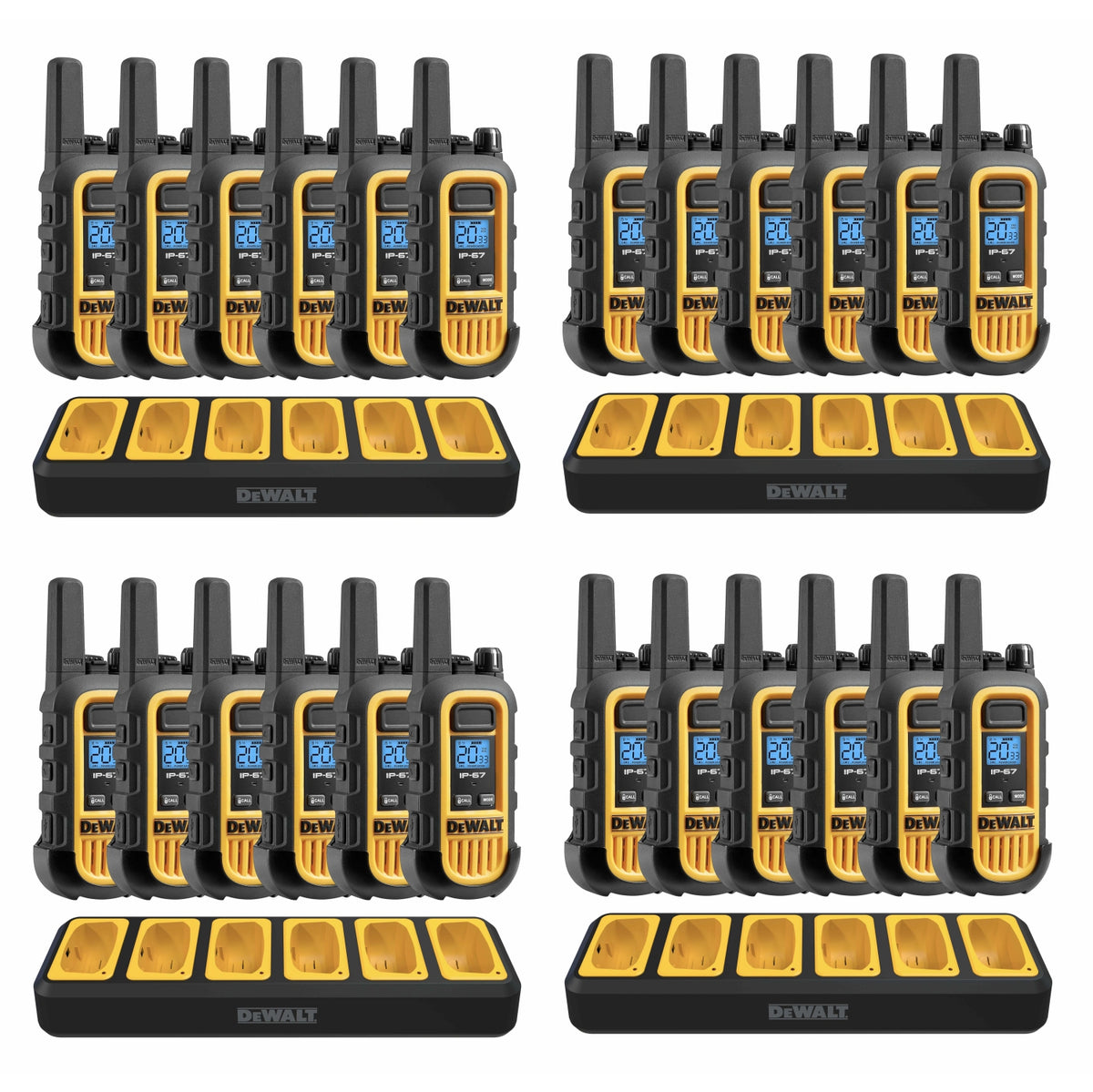 Illustrated set of 24 DeWalt DXFRS300 radios with four six-port chargers