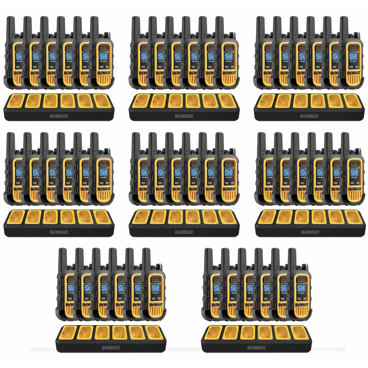 Illustrated set of 48 DeWalt DXFRS300 radios with eight six-port chargers
