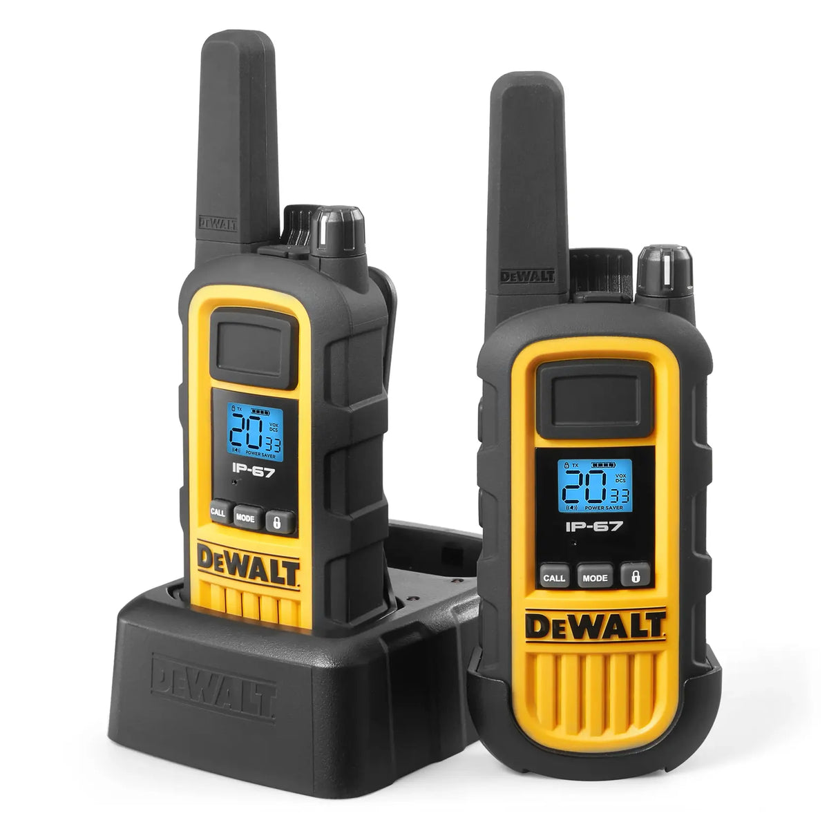 Two DeWalt DXFRS800 radios with their dual charging dock, front view
