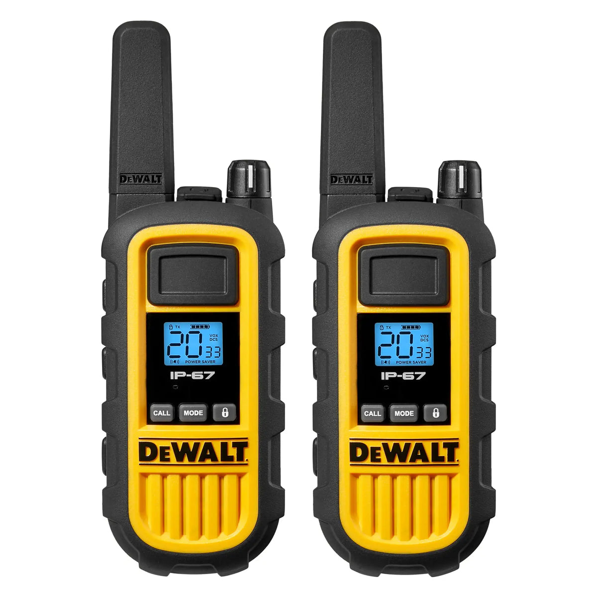 Front view of two yellow and black DeWalt DXFRS800 handheld two-way radios
