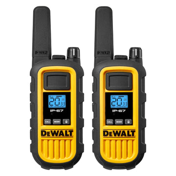 Front view of two yellow and black DeWalt DXFRS800 handheld two-way radios