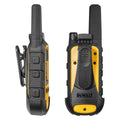 Side and rear views of two DeWalt DXFRS800 radios showing the belt clip