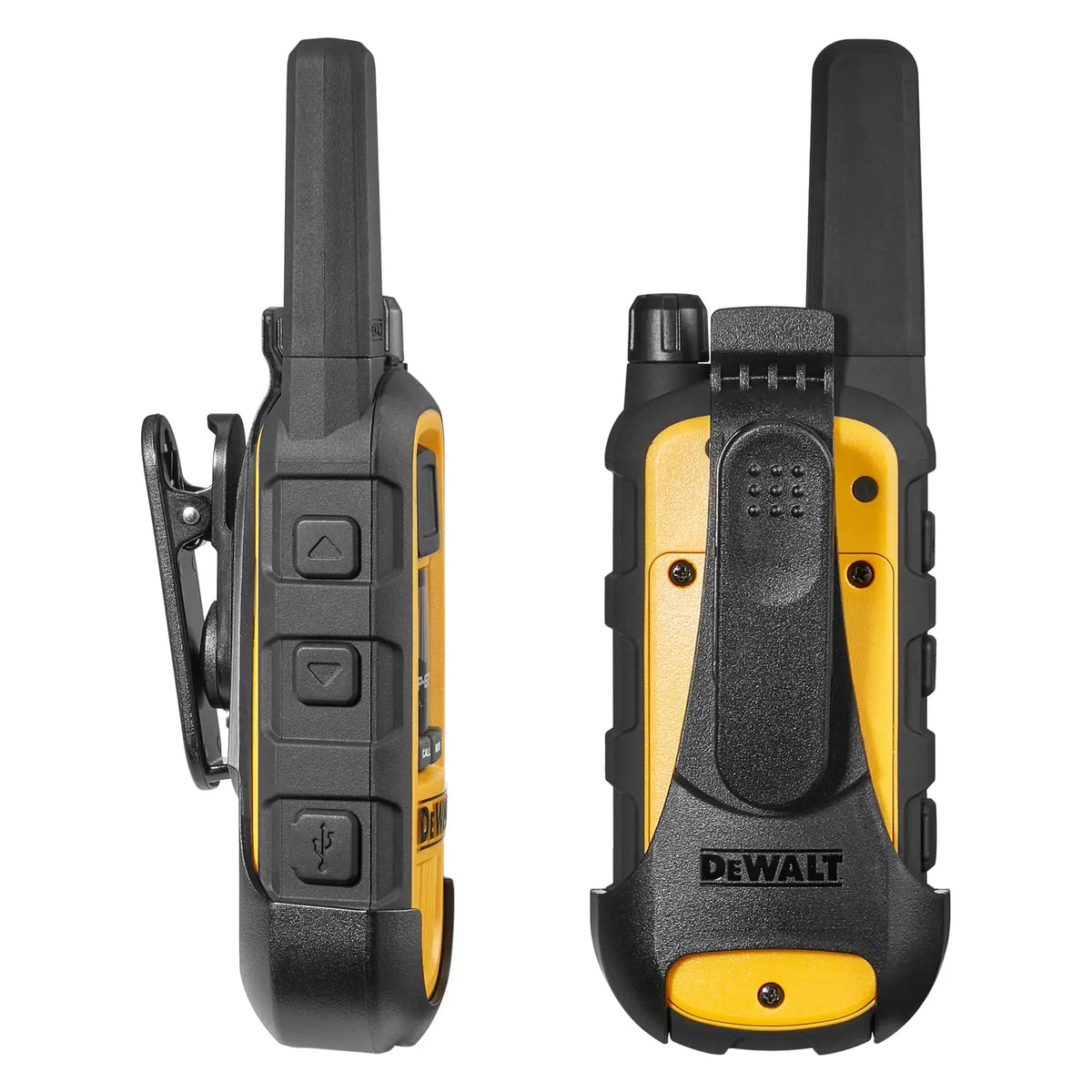 Side and rear views of two DeWalt DXFRS800 radios showing the belt clip