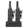 Side view of two DeWalt DXFRS800 radios seated in a dual charging dock