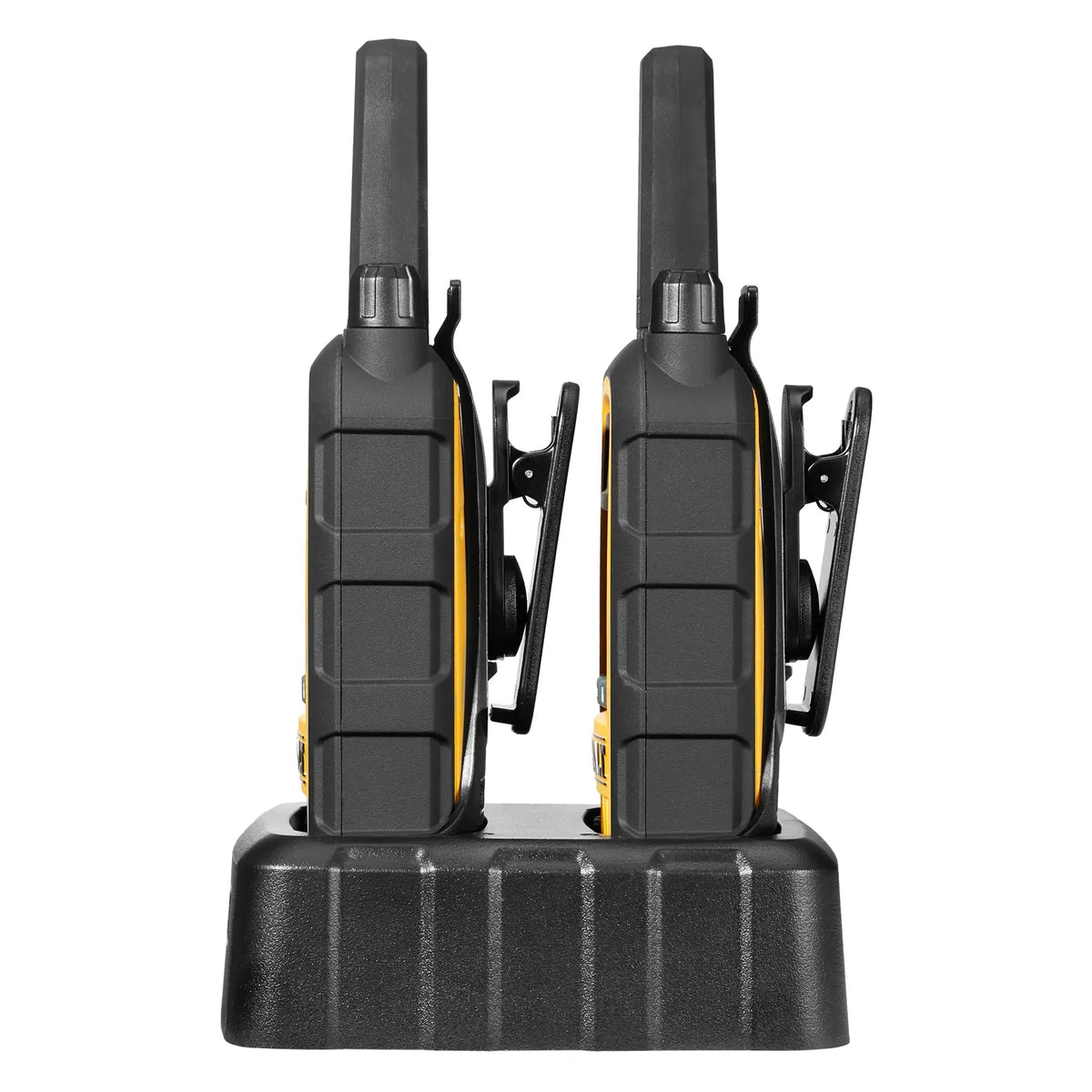 Side view of two DeWalt DXFRS800 radios seated in a dual charging dock