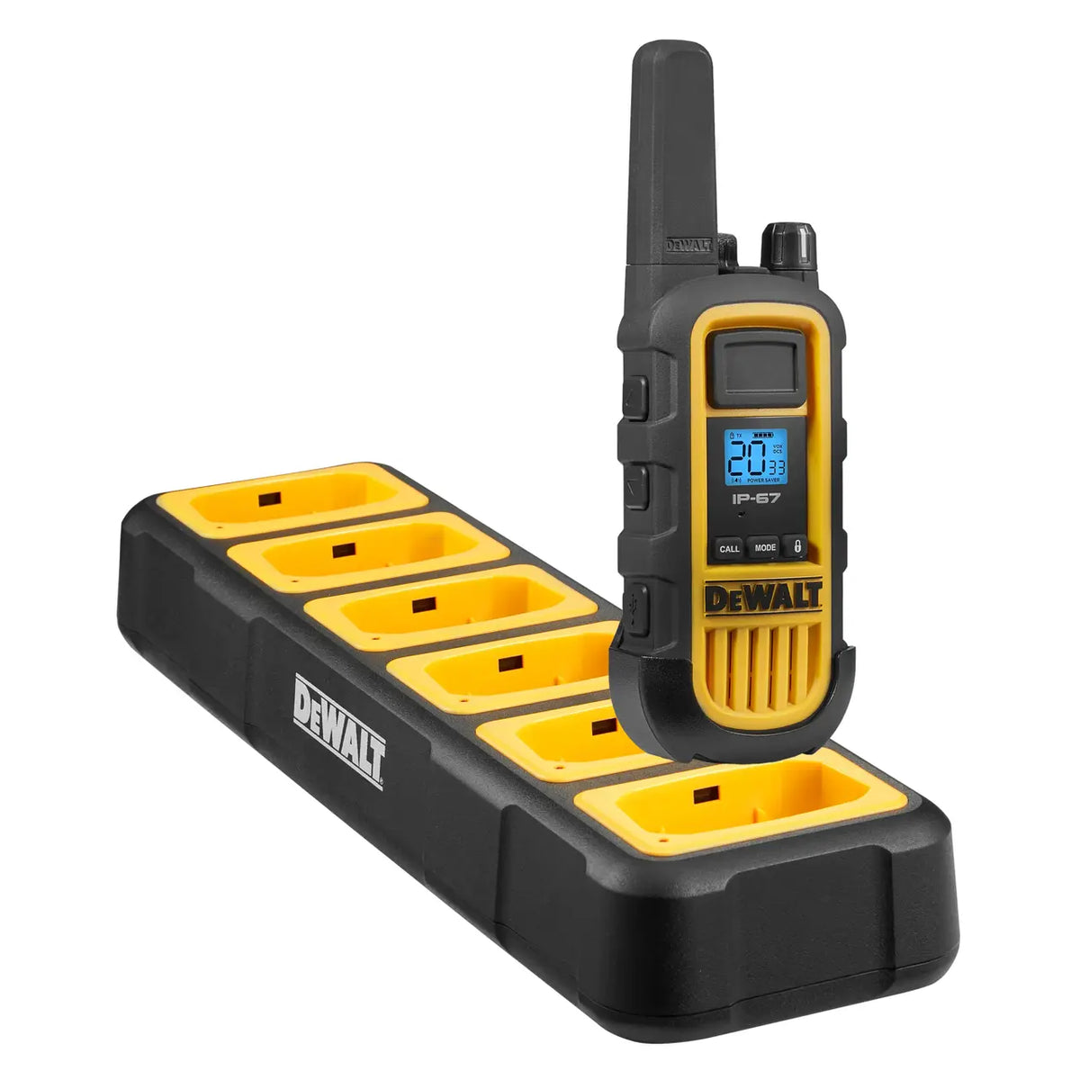 DeWalt six-port DXFRS800 charging dock with one radio placed in a charging slot