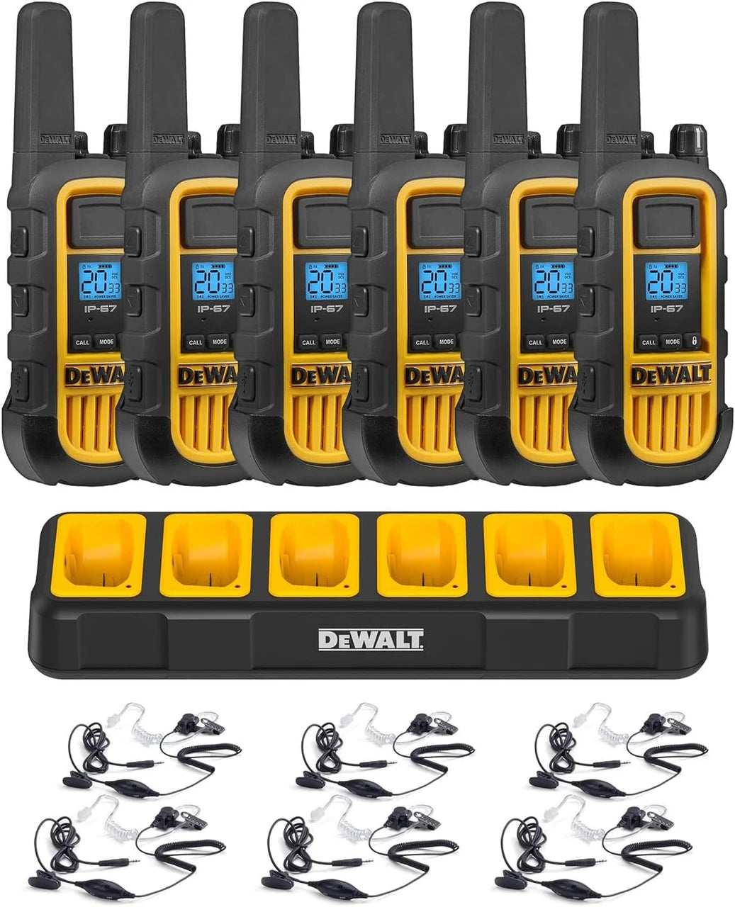 Six DeWalt DXFRS800 radios with a six-port charger and six surveillance headsets