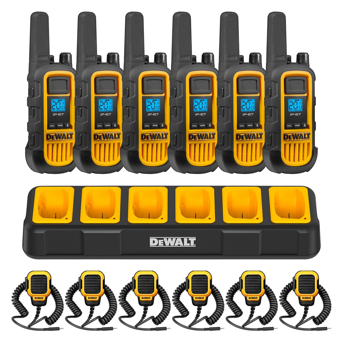 Six DeWalt DXFRS800 radios with a six-port charger and six remote speaker microphones