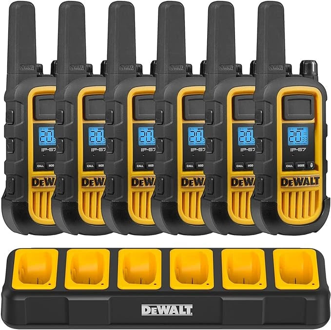 Six DeWalt DXFRS800 two-way radios and one six-port charging dock