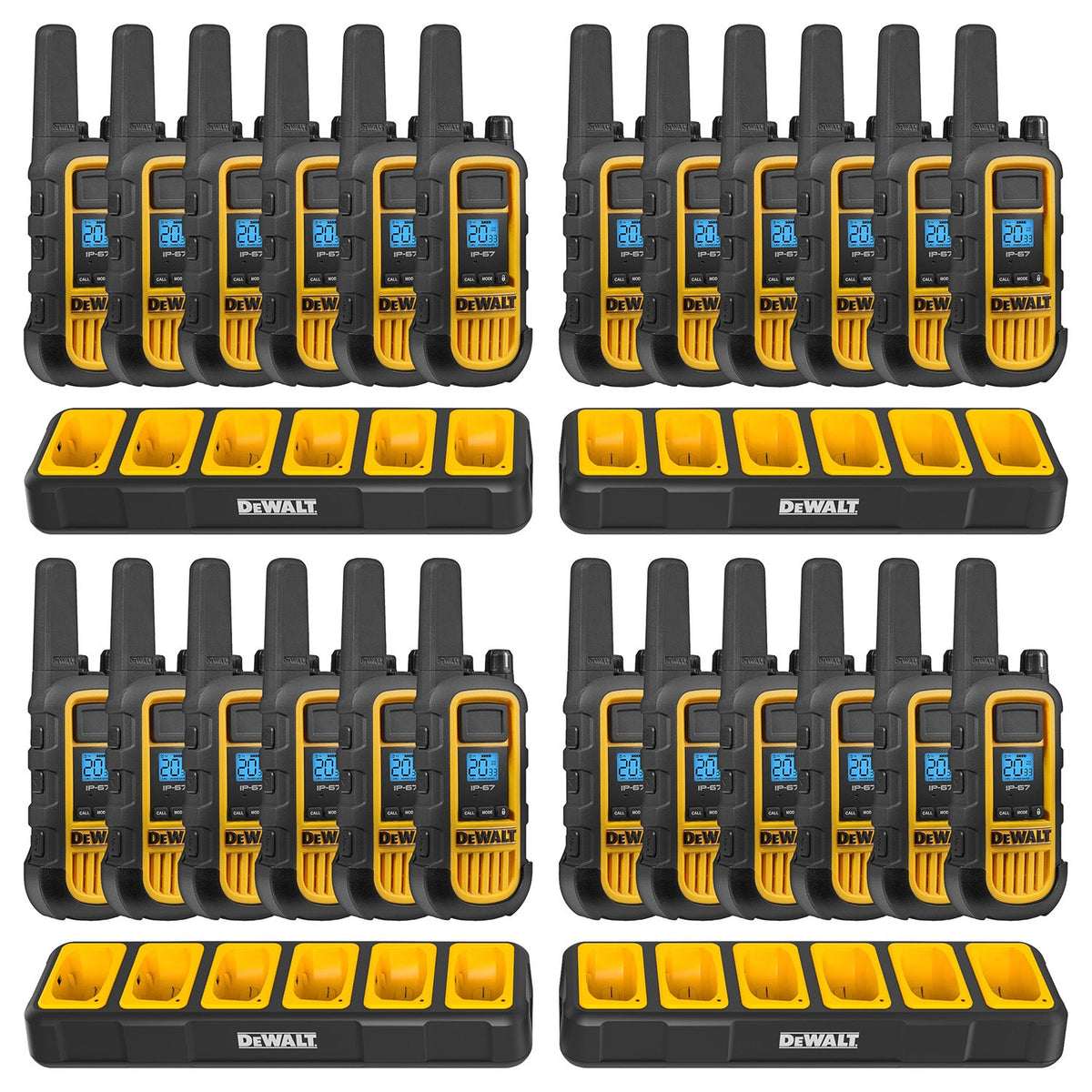 Illustrated set of 24 DeWalt DXFRS800 radios with four six-port chargers