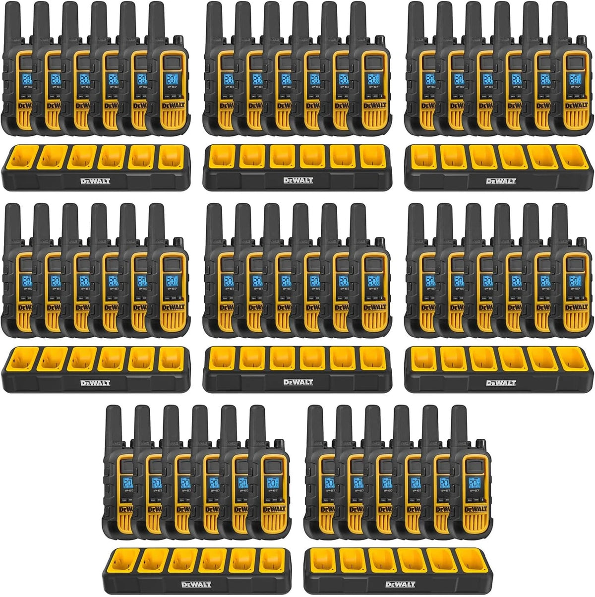 Illustrated set of 48 DeWalt DXFRS800 radios with eight six-port chargers