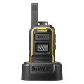 Front view of the DeWalt DXFRSBH600 business radio in its desktop charger