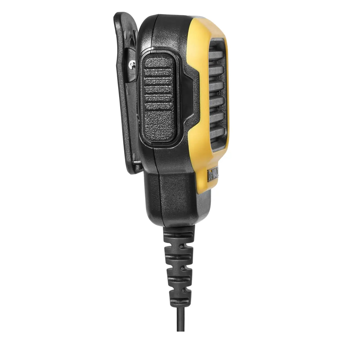 Side view of the DeWalt DXFRSRM1 remote speaker microphone showing its push-to-talk button