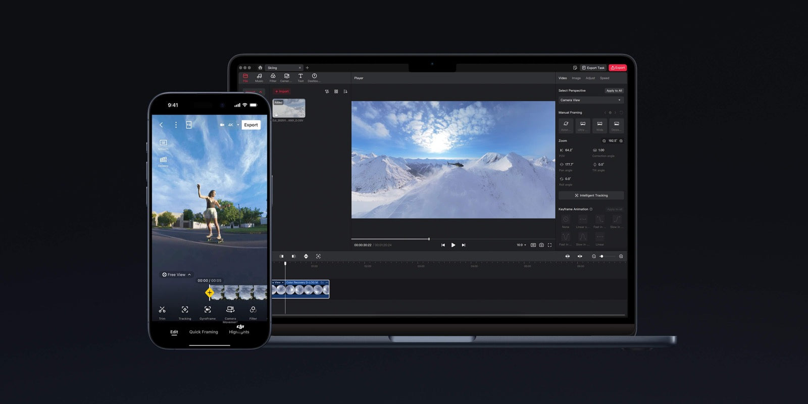 DJI Avata 360 editing workflow on a phone and laptop