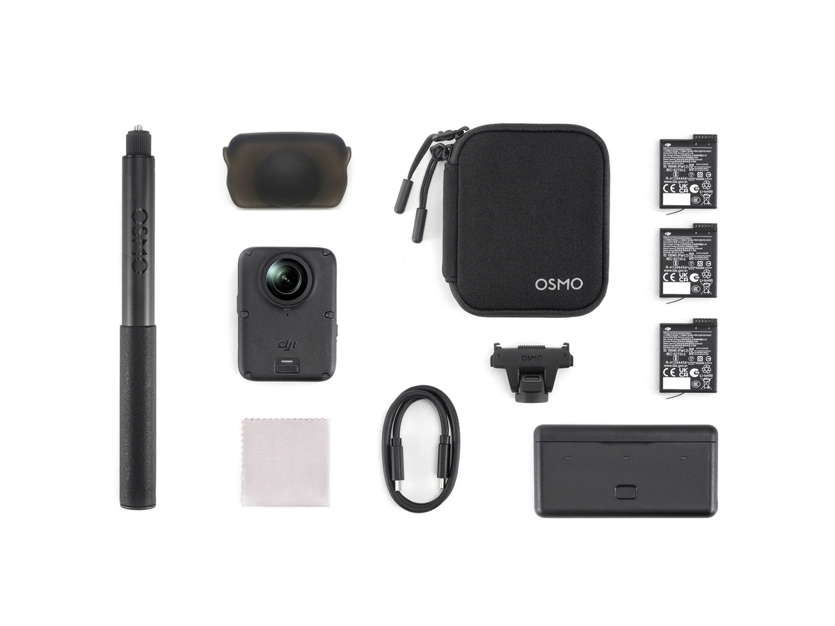 DJI Osmo 360 II Adventure Combo with three batteries, battery case, selfie stick and included accessories