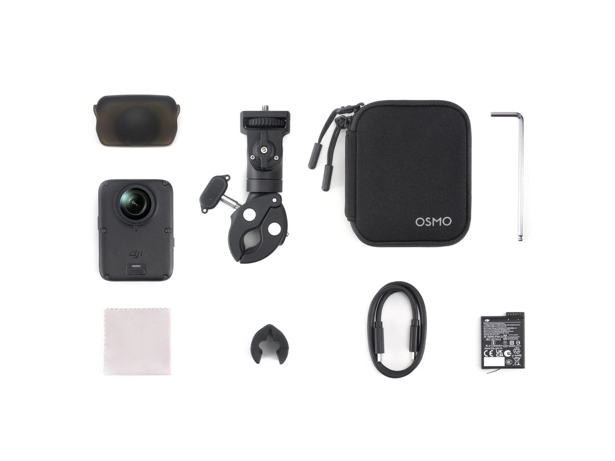 DJI Osmo 360 II Limitless Riding Combo with camera, battery, clamp mount and included accessories