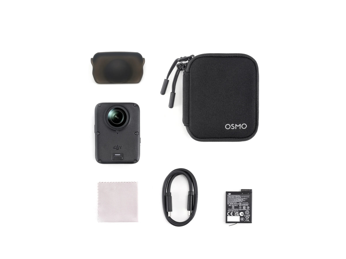 DJI Osmo 360 II Standard Combo with camera, battery, protective pouch, lens cap, cleaning cloth and USB-C cable