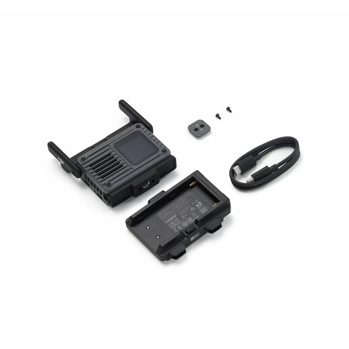 DJI SDR Transmission 2 transceiver with camera cold shoe adapter, NP-F battery adapter and firmware update cable