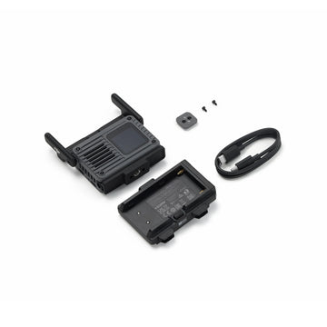 DJI SDR Transmission 2 transceiver with camera cold shoe adapter, NP-F battery adapter and firmware update cable