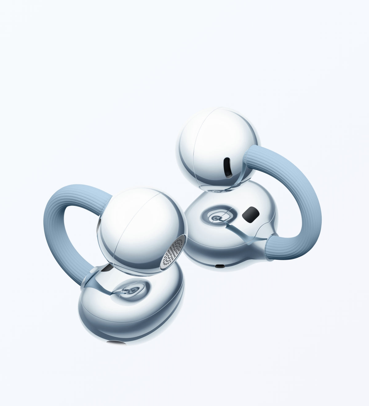 HUAWEI FreeClip 2 Blue earbuds showing the C-bridge design and interchangeable left-right fit