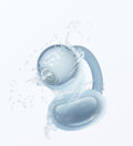 HUAWEI FreeClip 2 Blue earbud splashed with water, showing IP57 sweat and water resistance