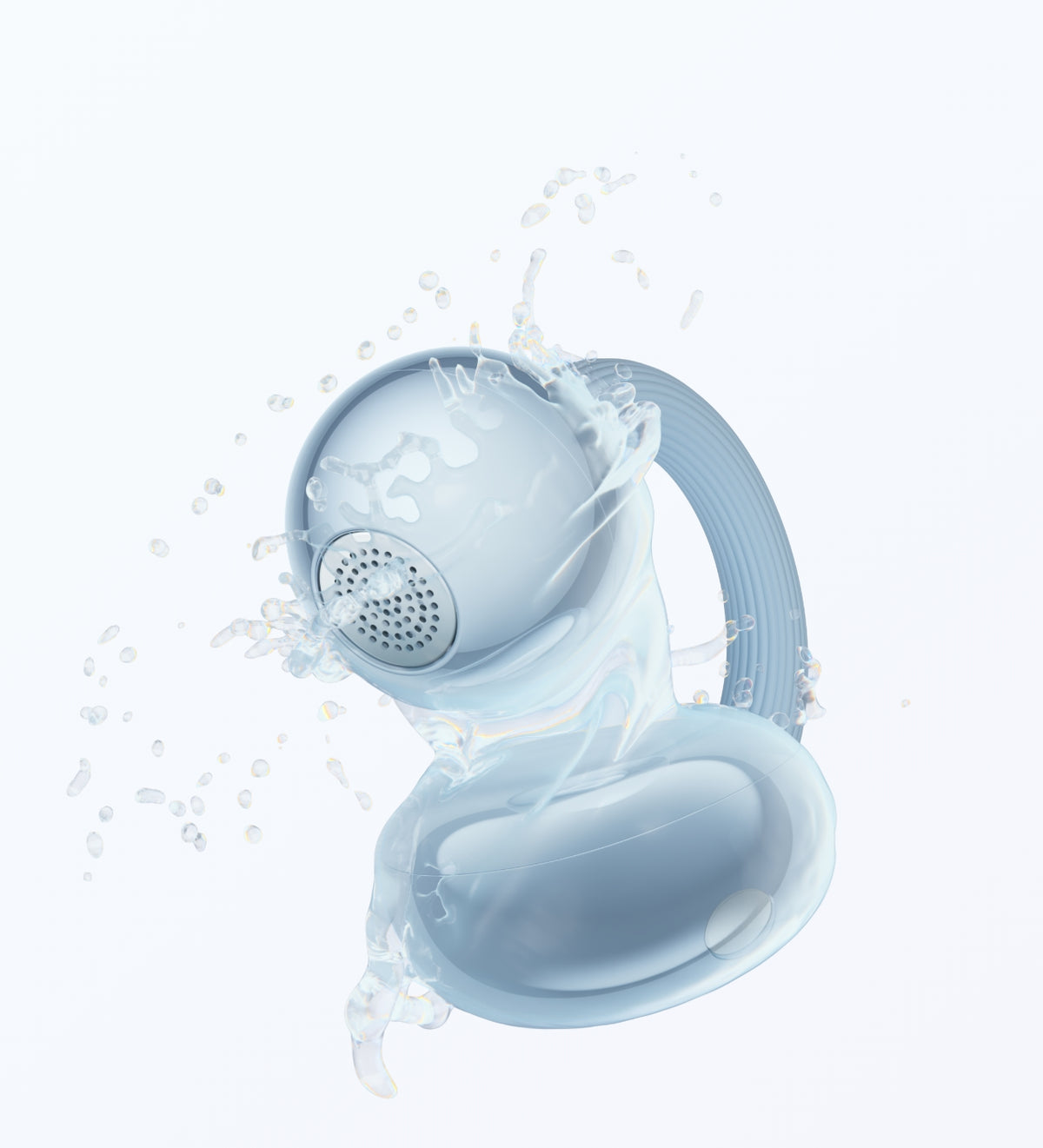 HUAWEI FreeClip 2 Blue earbud splashed with water, showing IP57 sweat and water resistance
