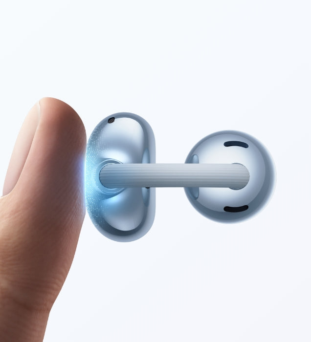 Finger tapping a HUAWEI FreeClip 2 Blue earbud to use gesture controls