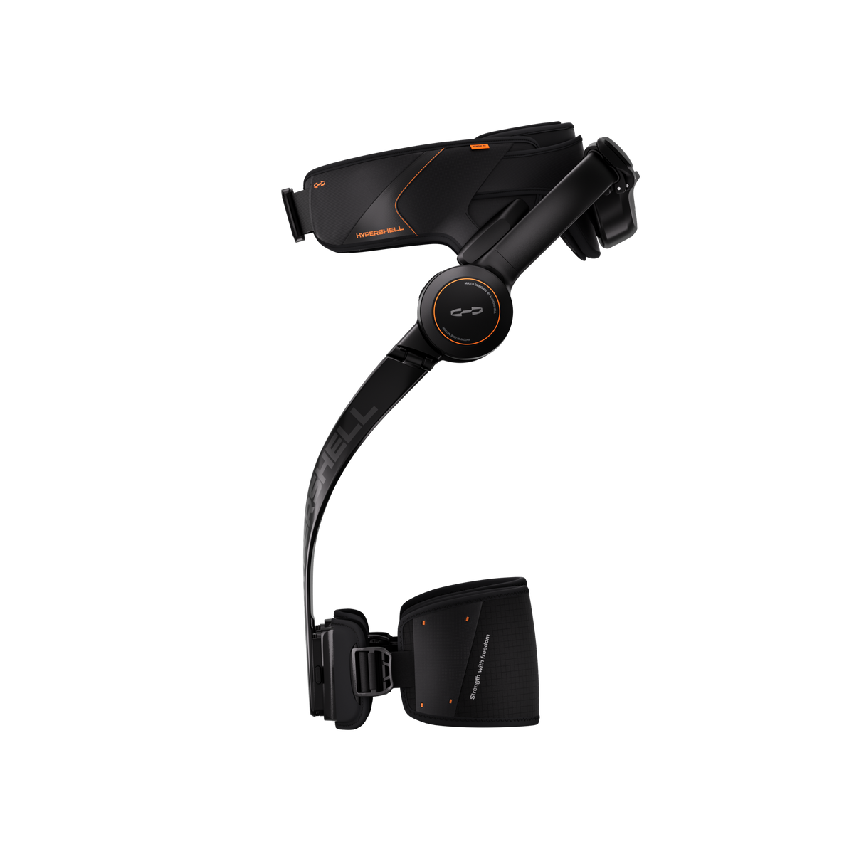 Hypershell X Max S black exoskeleton, side profile with the leg frame pointing left