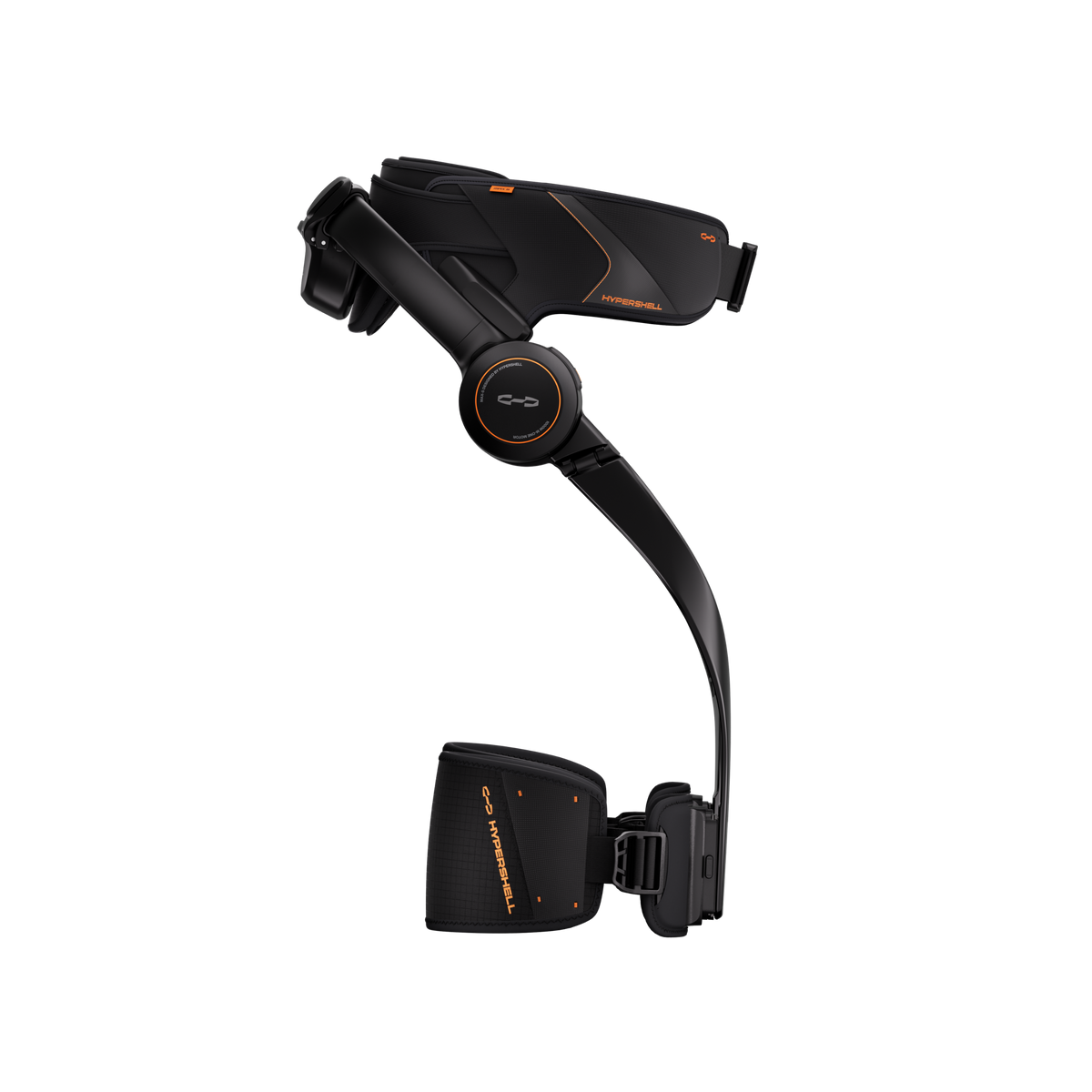 Hypershell X Max S black exoskeleton, side profile with the leg frame pointing right