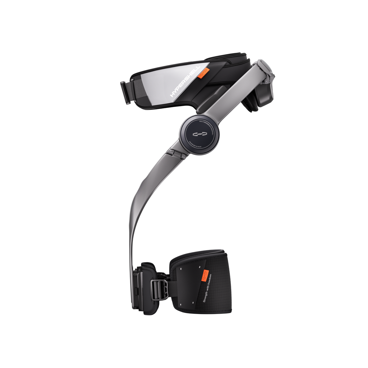 Hypershell X Pro S black exoskeleton, side profile with the leg frame pointing left