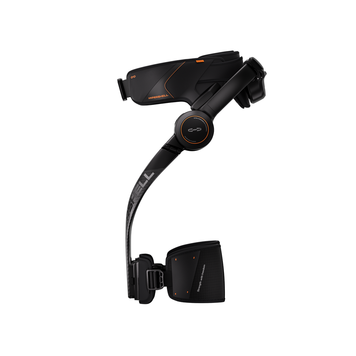 Hypershell X Ultra S black exoskeleton, side profile with the leg frame pointing left