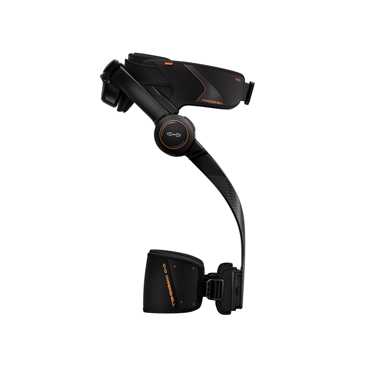 Hypershell X Ultra S black exoskeleton, side profile with the leg frame pointing right