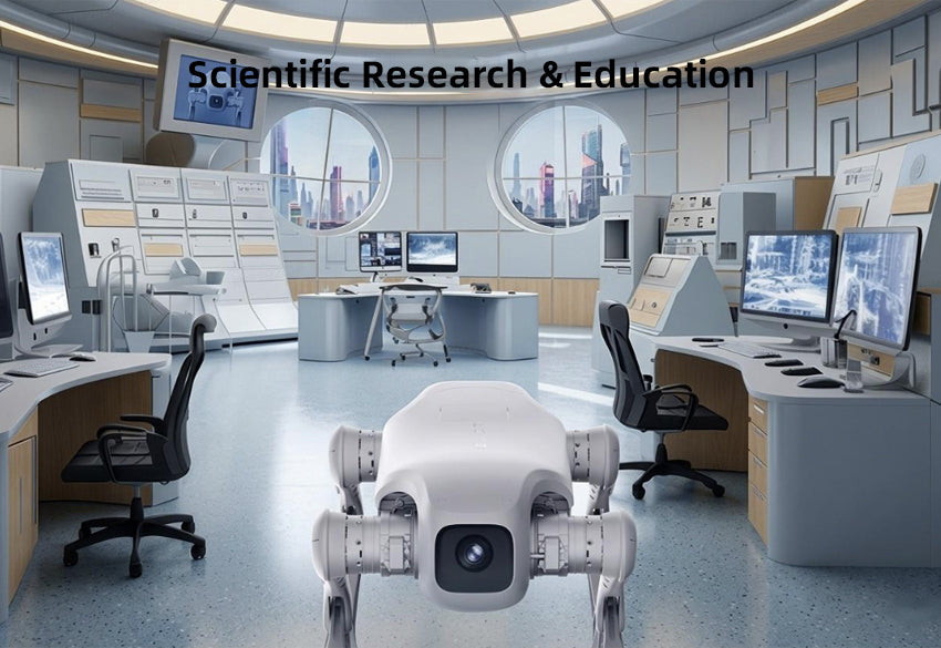 AGIBOT D1 Pro / Edu quadruped robot in an illustrated robotics research and education laboratory.