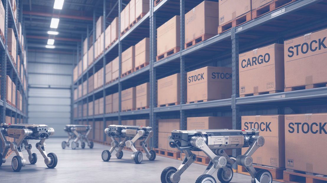AGIBOT D1 Max wheel-legged robots between warehouse shelving in an illustrated industrial logistics scene.