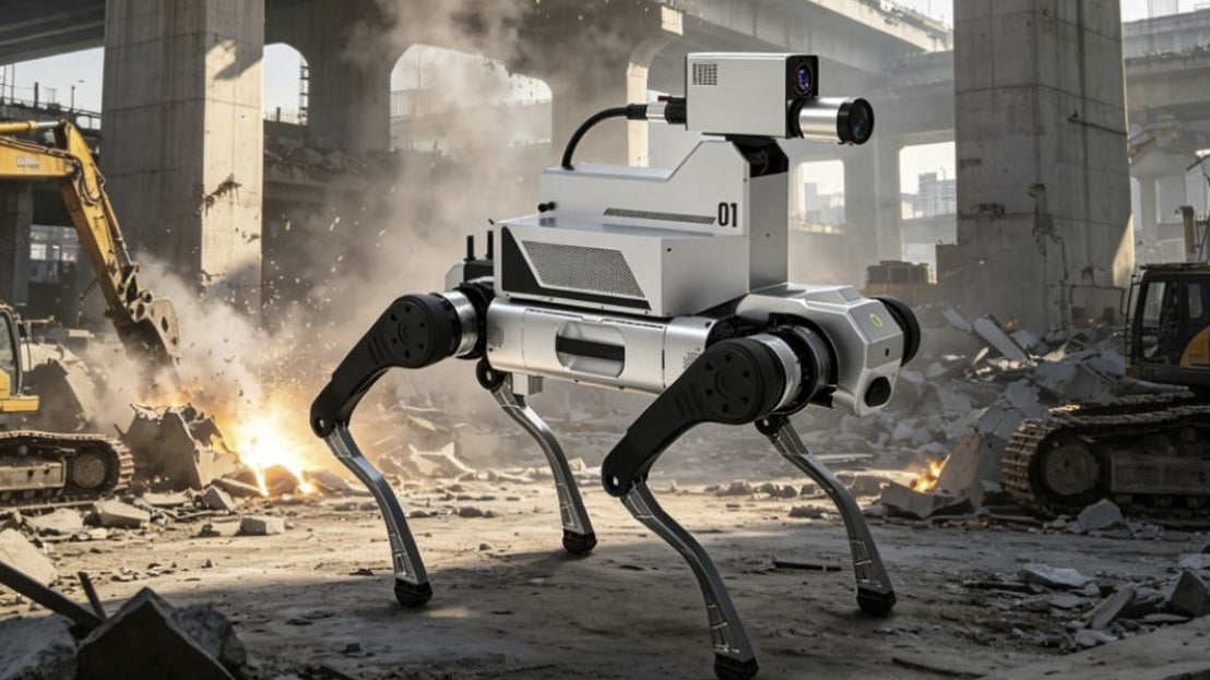 AGIBOT D1 MaxPro quadruped robot with mounted equipment in an illustrated heavy-duty industrial worksite.