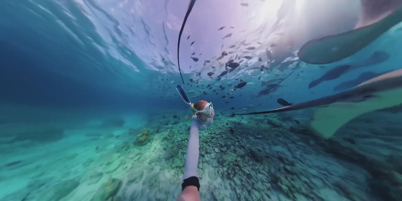 DJI Osmo 360 II underwater creative shooting demo showing a swimmer filming a coral reef in 360 degrees
