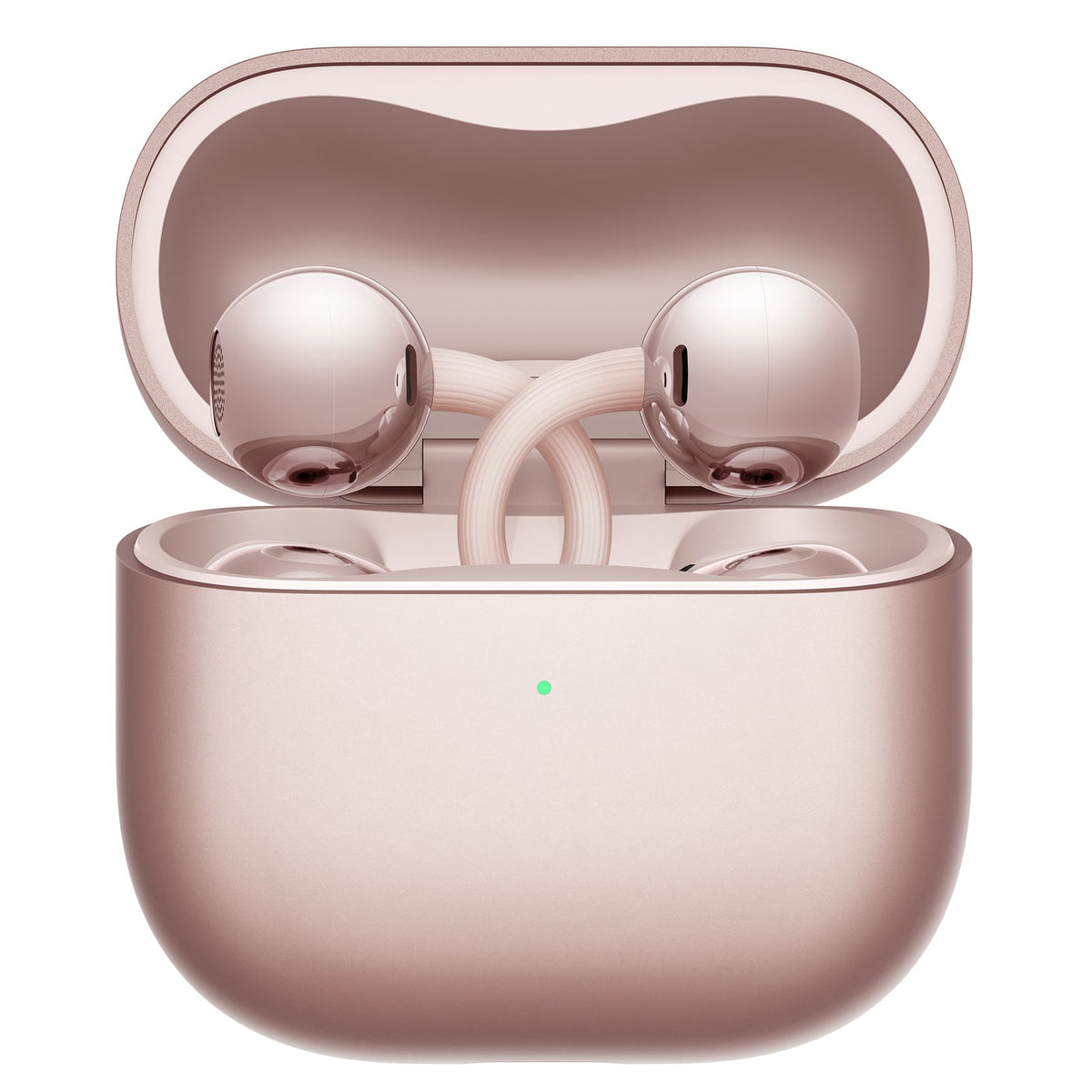HUAWEI FreeClip 2 Rose Gold earbuds seated in the open charging case, front view