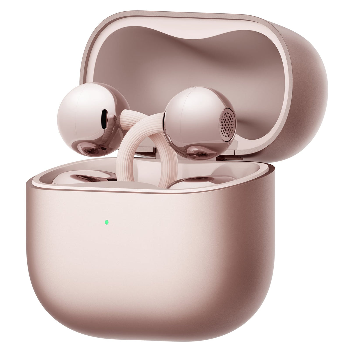 HUAWEI FreeClip 2 Rose Gold earbuds displayed in the open charging case, angled view