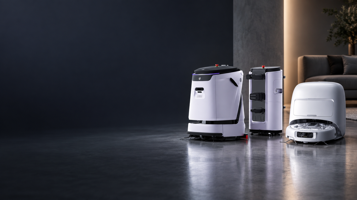AGIBOT C5 commercial cleaning robot and DJI ROMO home robot vacuum with their stations in a modern interior