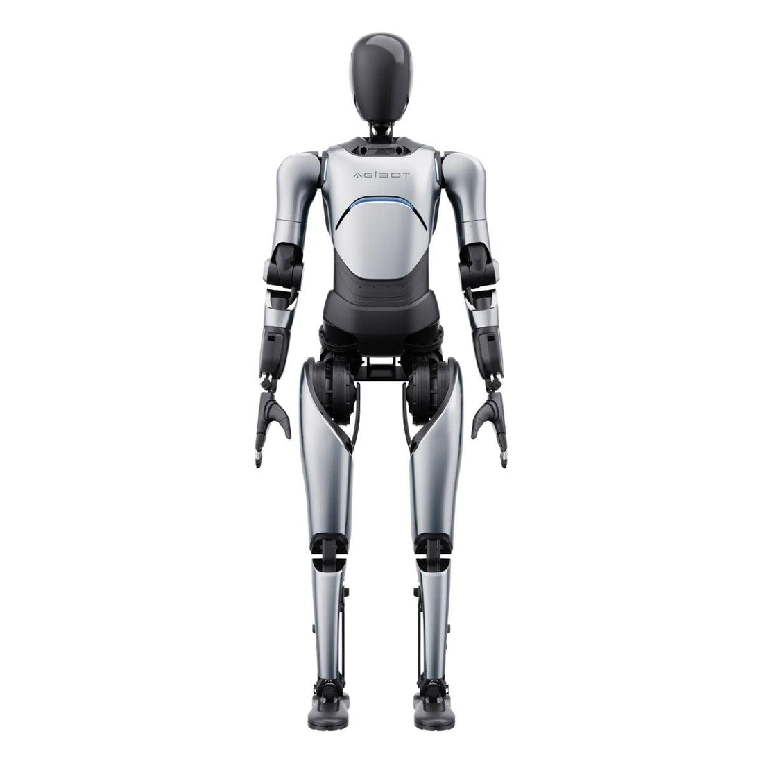 AGIBOT A2 Ultra full-size humanoid robot standing front view, silver body with black joints on white background.