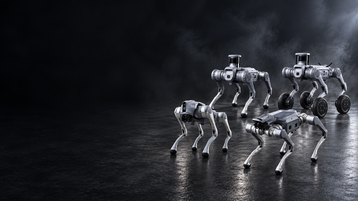 Composite of four Unitree quadruped robots: Go2, As2, B2 and B2-W on a dark studio background.